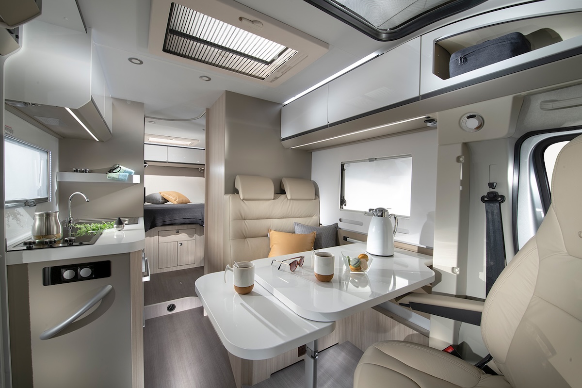 2026 Adria Compact Lounge Sandy White Upholstery Caption