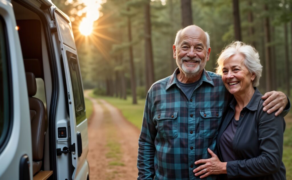 Elderly couple stood next to a motorhome